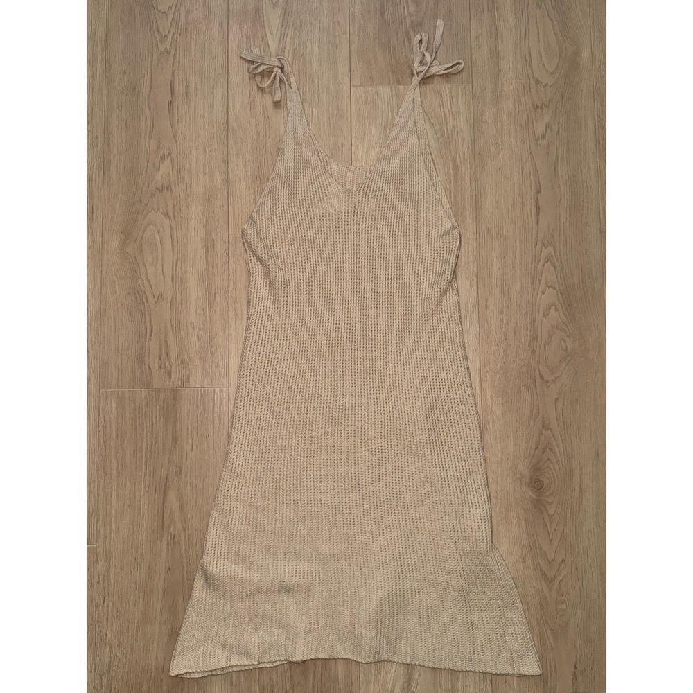 Cabo Gypsy Beige Knit Mini Dress Tie Shoulder Boho Summer Beach Coverup‎ S/M
